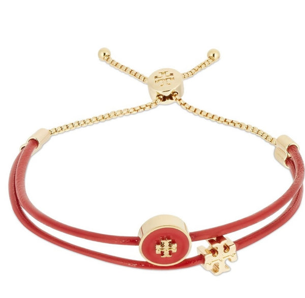 Tory Burch Kira 18K Gold Plated Leather & Enamel Logo Red Bracelet