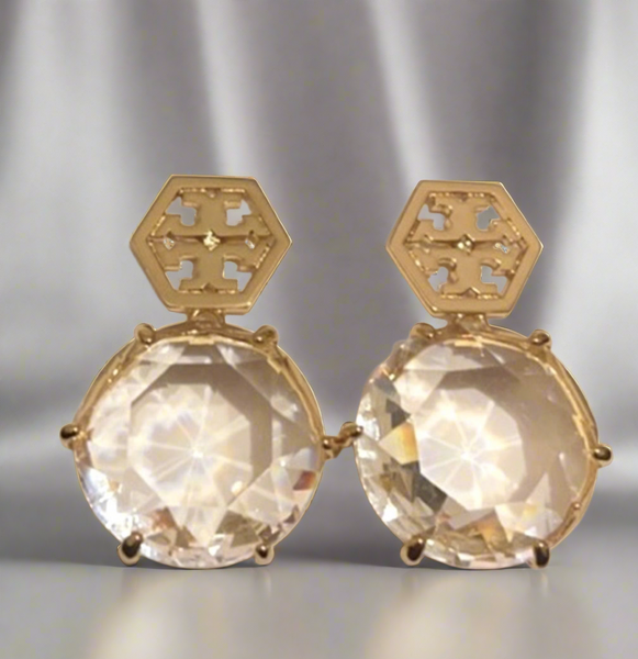 Tory Burch Crystal Stone Hexagon T Logo Drop Earrings Clear