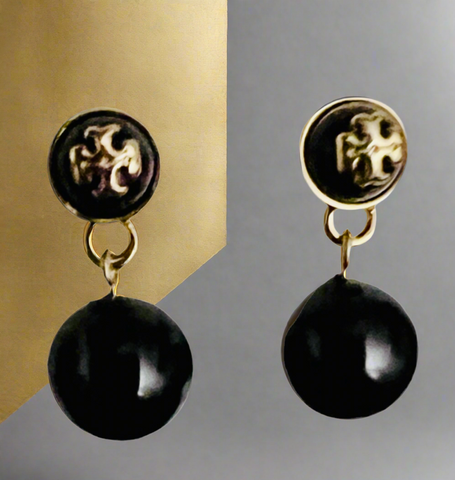 Tory Burch Black and Gold Saher Double-T Logos On Simulated Glass Pearls Drop Earrings