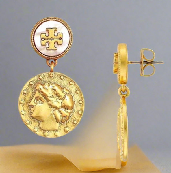 Tory Burch Gold Logo Coin Drop Medallion Earrings