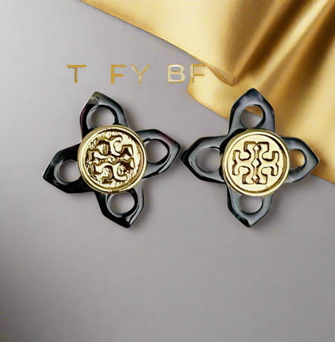 Tory Burch Small Babylon Resin Black Gold Fleur Logo Earrings Stud Earrings