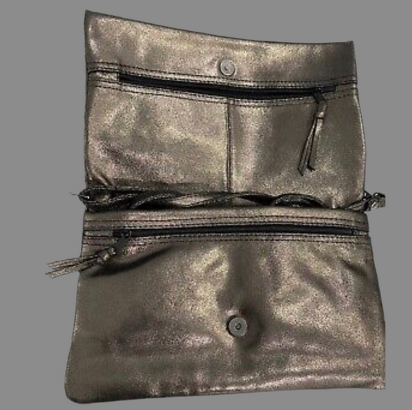 Johnny Was Gemma Laminated Suede Convertible Clutch Crossbody Bag Semi Metallic Bronze Tone