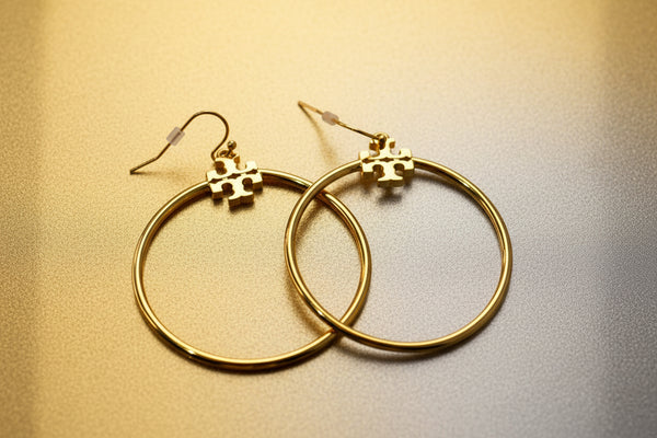 Tory Burch Metallic Gold Kira Stacked-T Logo Hoop Earring
