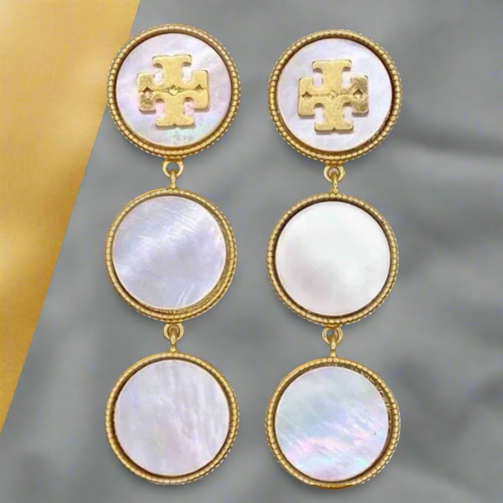 Tory Burch Semi Precious Lineal Drop Mother of Pearl Earrings