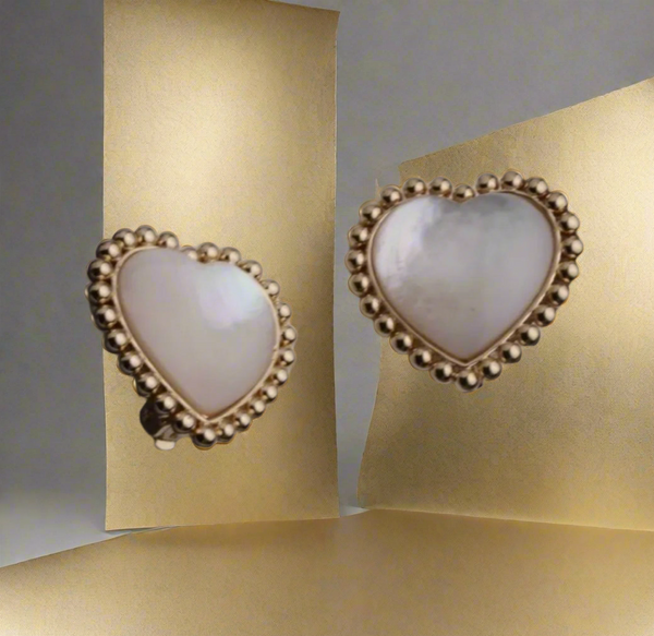 Tory Burch Gold And Mother Of Pearl Heart with Milgrain Detailing Large Clip On Stud Earrings