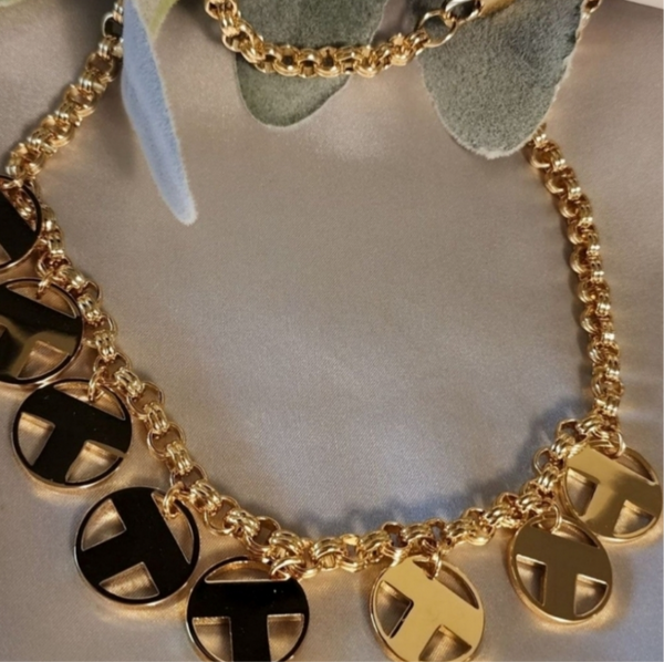 Tory Burch T Round Shiny Gold Charms Logo Necklace