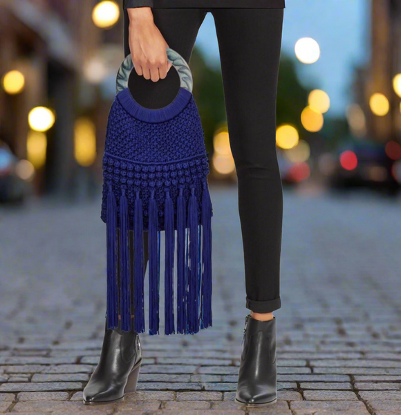 Cleobella Monaco Cobalt Macrame Fringed Tote or Crossbody Bag