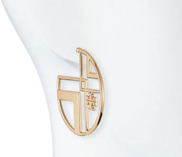 Tory Burch Chevron Cutout Hoop Earrings With Tory Logo Shiny Gold