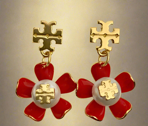 Tory Burch Gold And Samba Red Pearl Flower Drop Earrings