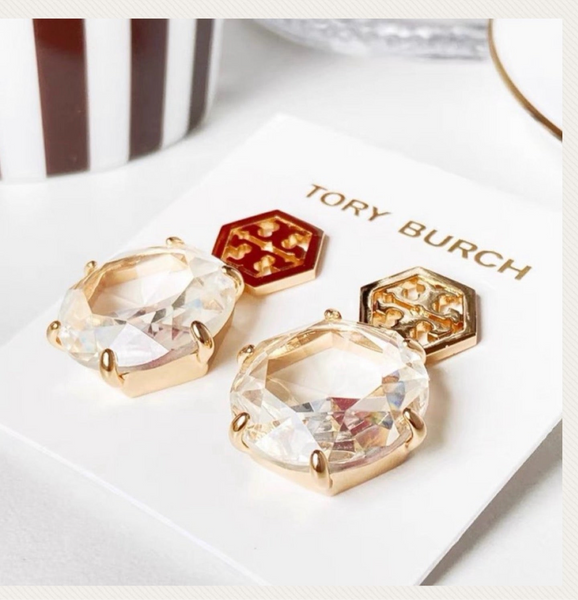 Tory Burch Crystal Stone Hexagon T Logo Drop Earrings Clear