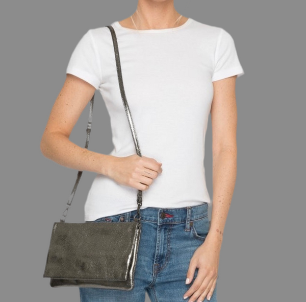 Johnny Was Gemma Laminated Suede Convertible Clutch Crossbody Bag Semi Metallic Bronze Tone