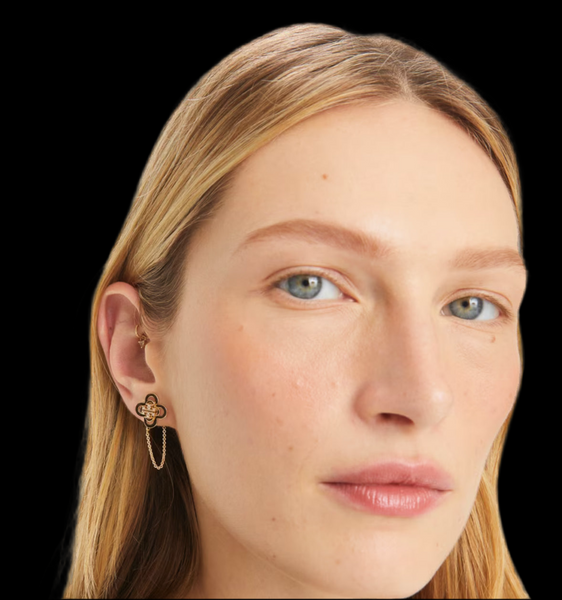 Tory Burch Kira Clover Front-Back Stud Earrings Gold with Crystals