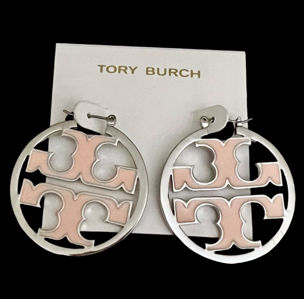 Tory Burch Miller Shiny Silver And Pink Enamel Inlay Hoop Earrings