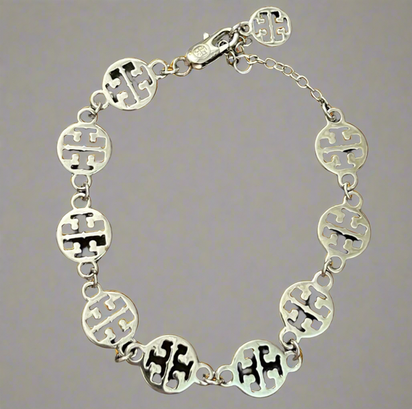 Tory Burch Silver Signature Logo Single Strand Logo Bracelet