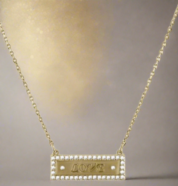 Lulu DK Gold Necklace Bar LOVE Sparkly With Cubic Zirconia Studs