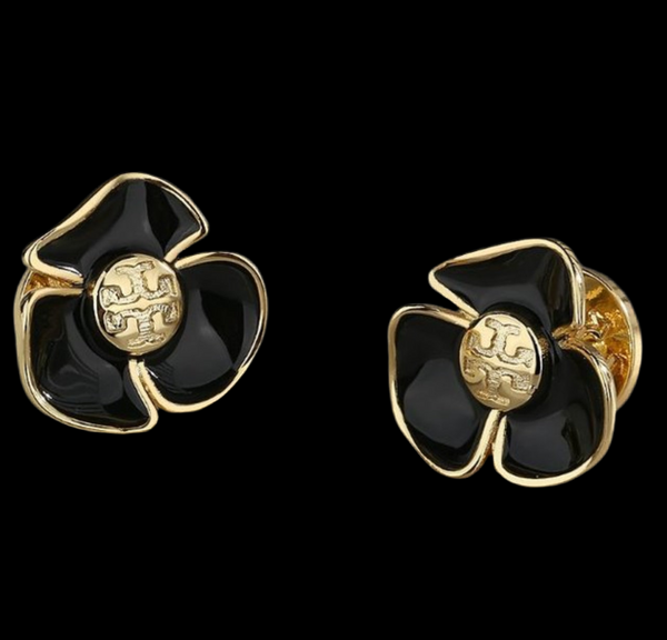 Tory Burch Black Gold Fleur Logo Stud Earrings