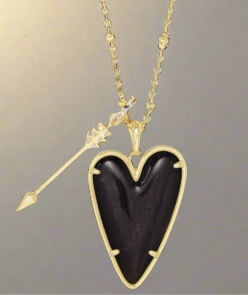 Kendra Scott Ansley Heart Gold Long Pendant Necklace In Black and Golden Obsidian