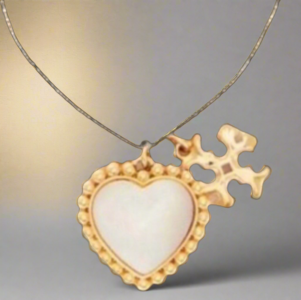 Tory Burch Roxanne Gold and Mother of Pearl Heart Logo Charm Pendant Necklace