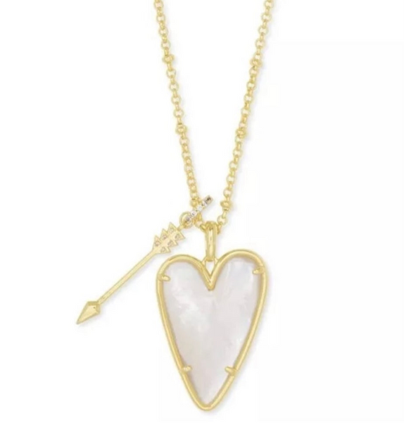 Kendra Scott Ansley Heart Gold Tone Long Pendant Necklace in Ivory Mother of Pearl