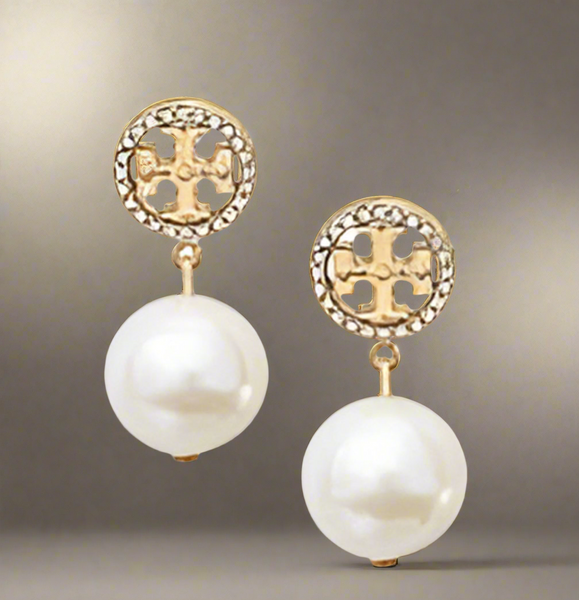 Tory Burch Crystal Logo Pearl Drop Earrings