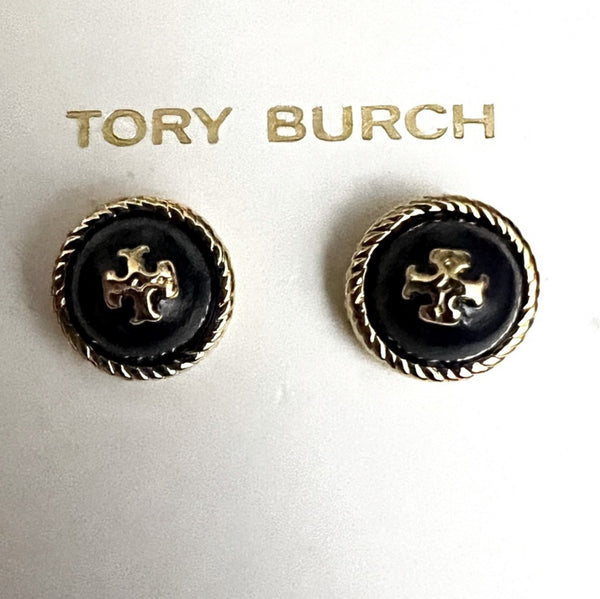 Tory Burch Black Glass Cabochon Rope Gold Stud Earrings