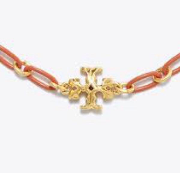 Tory Burch Roxanne 18K-Gold-Plated & Coral Acrylic Logo Chain Bracelet