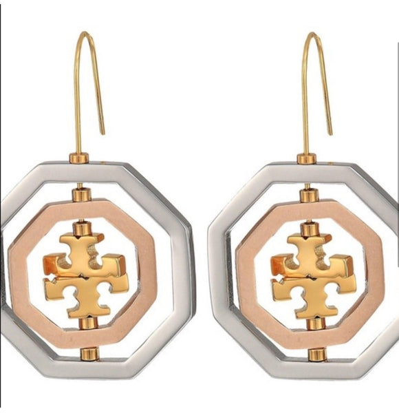 Tory Burch Rose Gold-Silver-Gold Rotating Geo Drop Logo Pierced Earrings