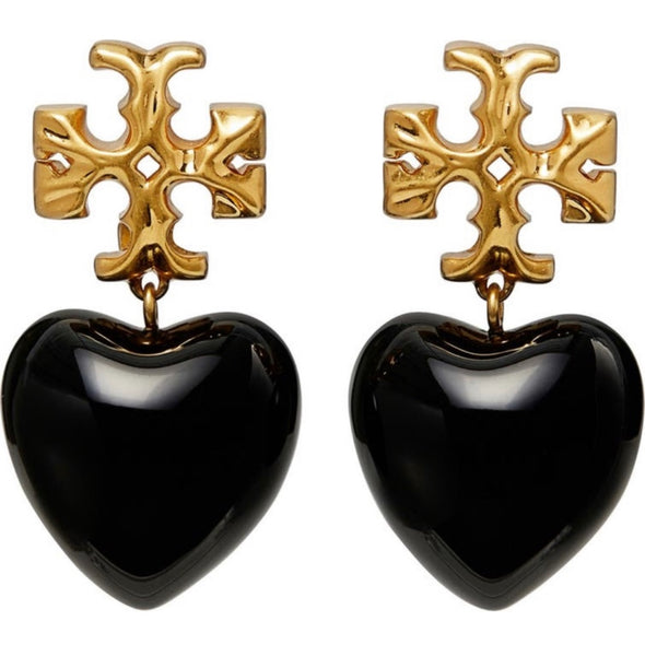 Tory Burch Roxanne Gold Tone And Resin Heart Drop Earrings In Black