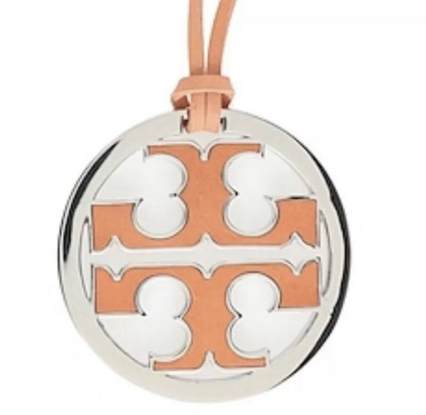 Tory Burch Silver & Coral Leather Logo With Coral Leather Necklace