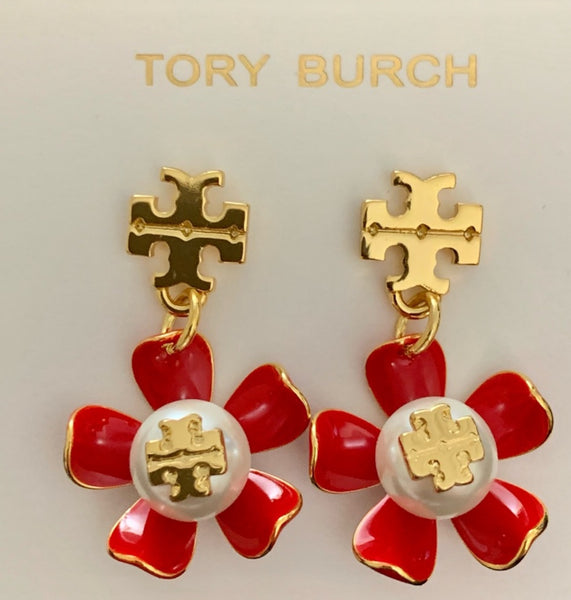 Tory Burch Gold And Samba Red Pearl Flower Drop Earrings