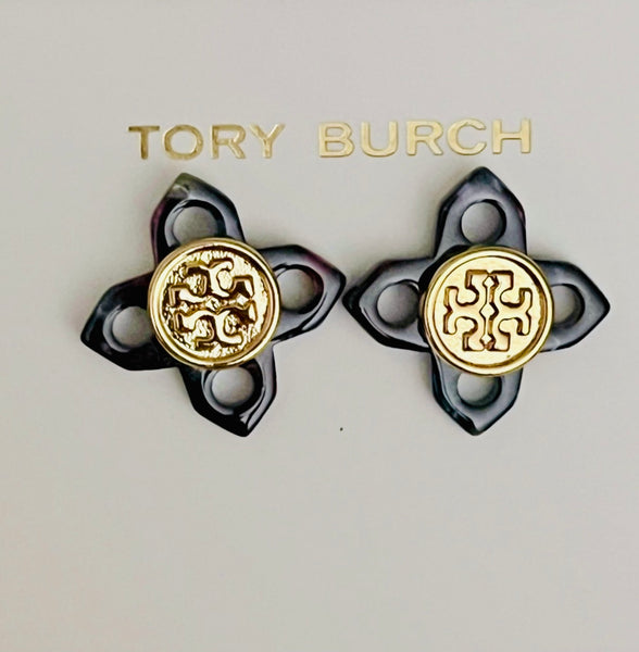 Tory Burch Small Babylon Resin Black Gold Fleur Logo Earrings Stud Earrings