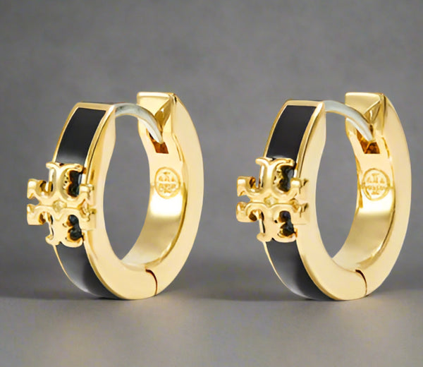 Tory Burch Kira Small Huggies Gold Tone And Black Enamel Hoop Earrings