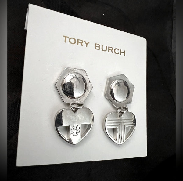 Tory Burch Silver Hexagon And Heart Logo Drop Earrings