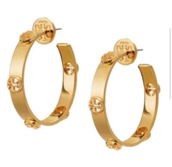 Tory Burch Milgrain Gold Logo Hoop Earrings