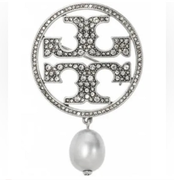 Tory Burch Silver and Swarovski crystal pave double T logo & Crystal Gray Pearl Brooch Pin