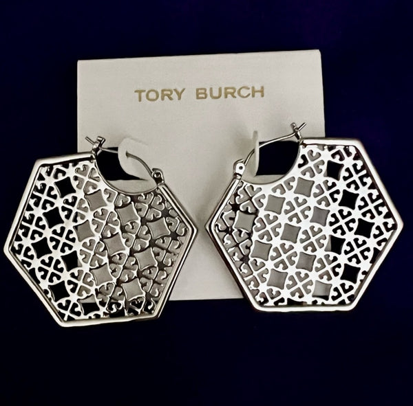 Tory Burch Shiny Silver Perforated Logo Hoop Earrings