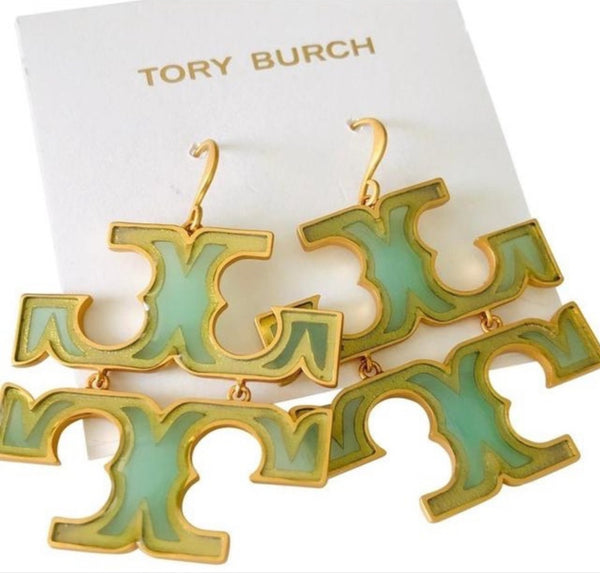 Tory Burch Transparent Logo Drop Earrings Green And Gold