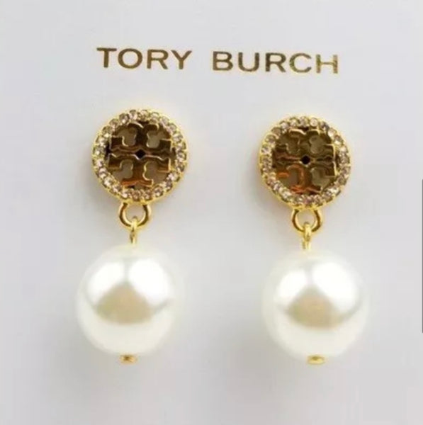 Tory Burch Crystal Logo Pearl Drop Earrings