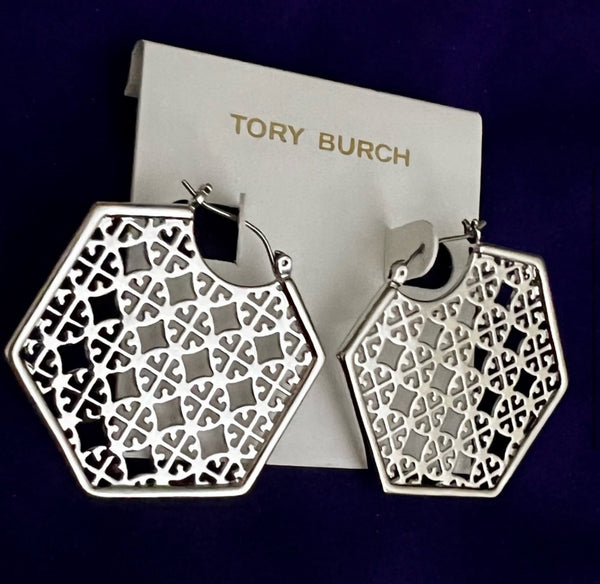 Tory Burch Shiny Silver Perforated Logo Hoop Earrings