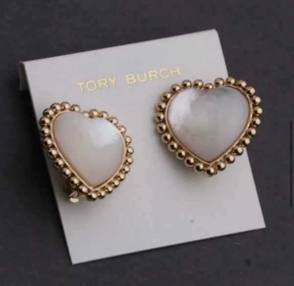 Tory Burch Gold And Mother Of Pearl Heart with Milgrain Detailing Large Clip On Stud Earrings