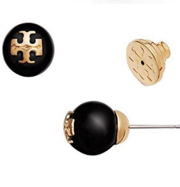 Tory Burch Evie Crystal Pearl Stud Earrings Black With Gold Tory Logo