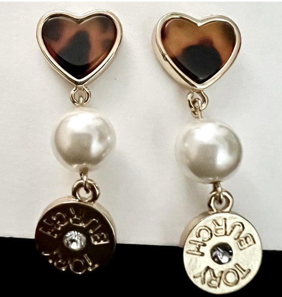 Tory Burch Logo Gold Plated Brass and Semi Precious Tortoise Heart Pearl Stone Drop Earrings