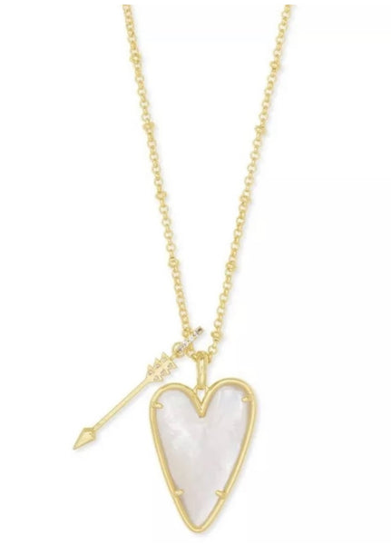 Kendra Scott Ansley Heart Gold Tone Long Pendant Necklace in Ivory Mother of Pearl