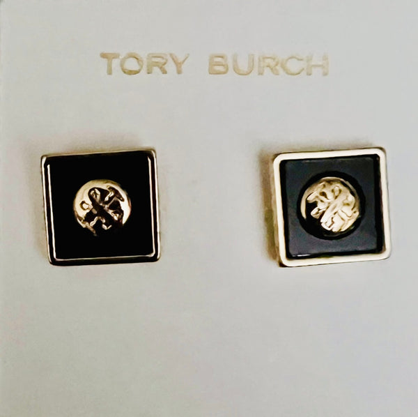 Tory Burch Gold And Black Resin Square With T Logo Stud Earrings