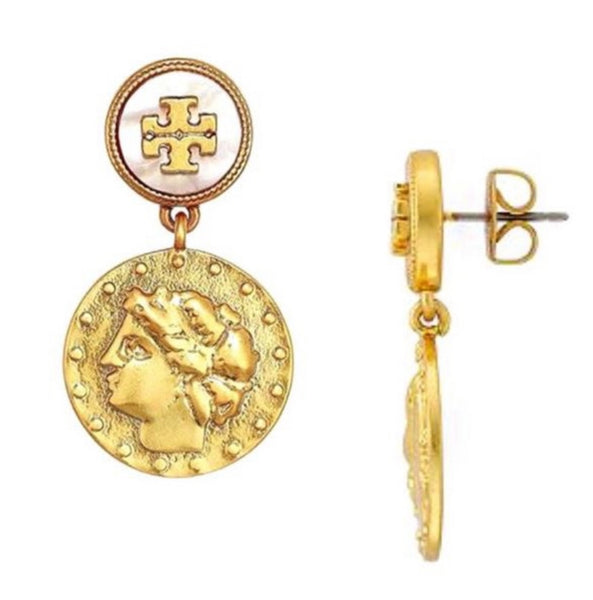 Tory Burch Gold Logo Coin Drop Medallion Earrings