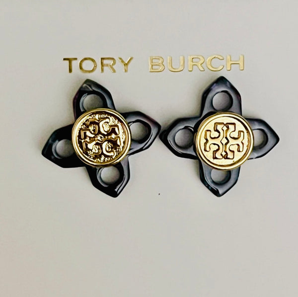 Tory Burch Small Babylon Resin Black Gold Fleur Logo Earrings Stud Earrings