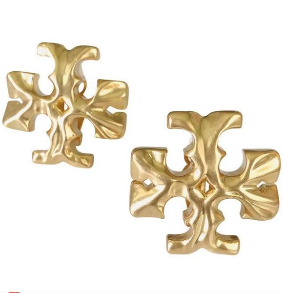 Tory Burch Double T Logo Roxanne Golden Large Clip On Stud Earrings