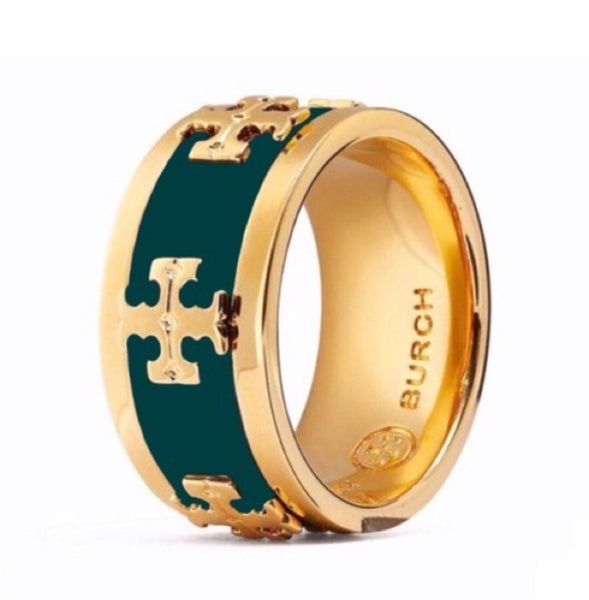 Tory Burch Wide Band Green Enamel With Raised Logo Ring Size 7