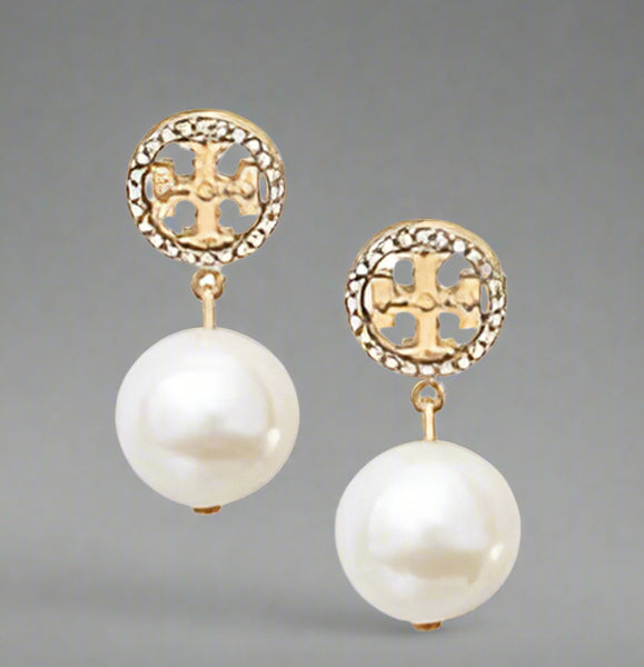 Tory Burch Crystal Logo Pearl Drop Earrings