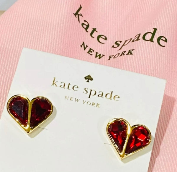 Kate Spade Red And Gold Rock Solid Crystal Small Heart Studs Earrings